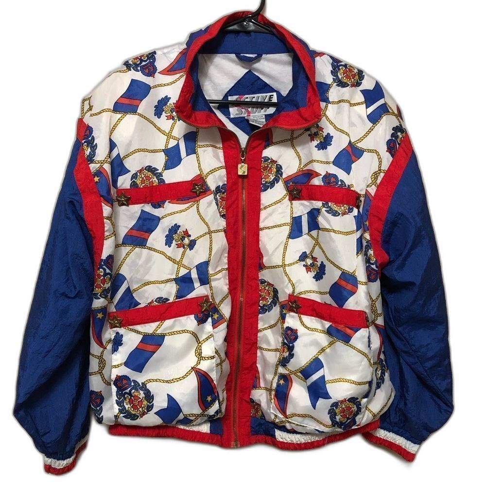 VTG Active Stuff White Nautical Crest Windbreaker Jacket 80s 90s Women's Sz L